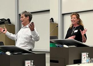 Dr. Mike Adams and Kathy Bolt give introductions at the spring 2022 BMB graduation