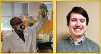 Liju Mathew in the lab and Max Colonna smiling at the camera