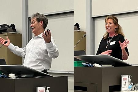 Dr. Mike Adams and Kathy Bolt give introductions at the spring 2022 BMB graduation